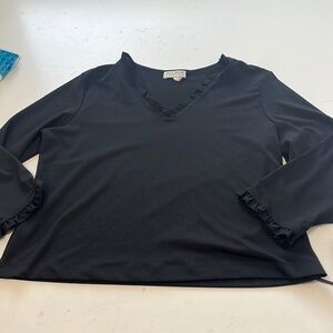 Vintage Allison Taylor Petite Medium Black Long Sleeve V Neck Ruffle Blouse